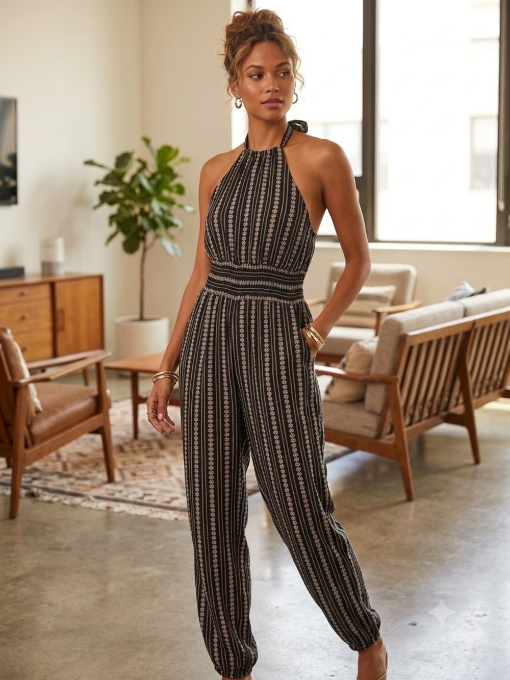 American Eagle Outfitters Black and Cream Patterned Halter Jumpsuit